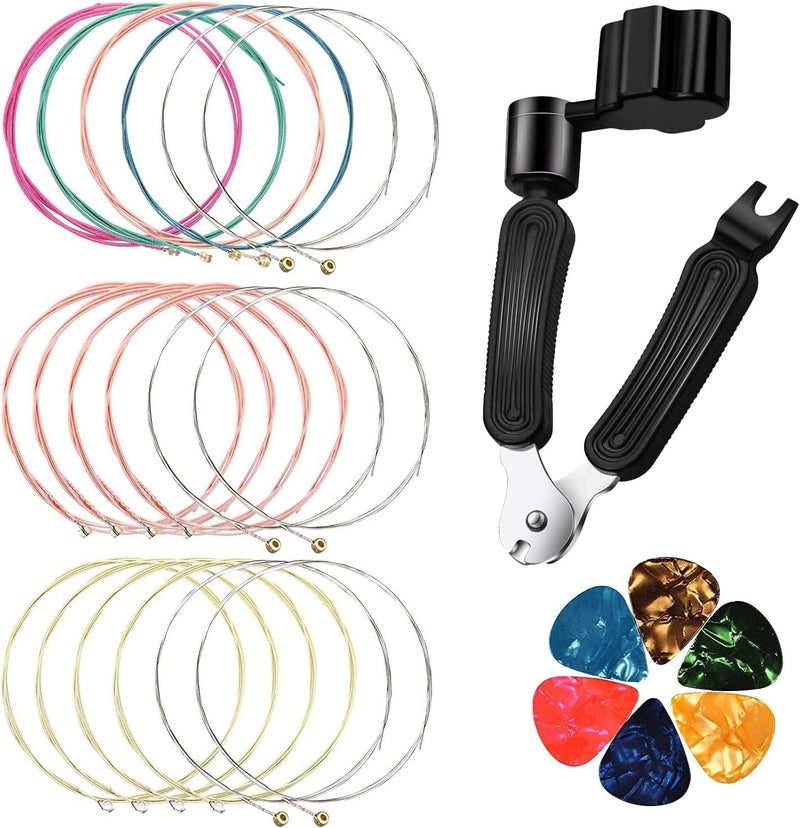 hanbangabc Acoustic Guitar Strings,3 Sets guitar strings acoustic 6 string set (Gold,Brass,Multicolor),with Guitar String Winder Guitar Kit,6 Pieces Celluloid Guitar Picks - Image 1